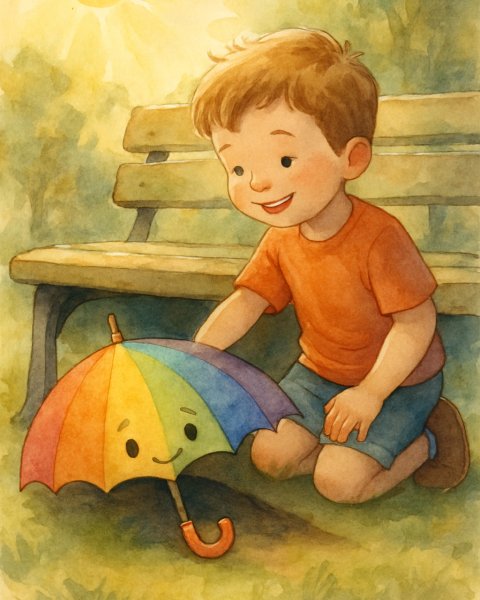 Illustration für Gute-Nacht-Geschichte: Der Regenschirm unter der Bank