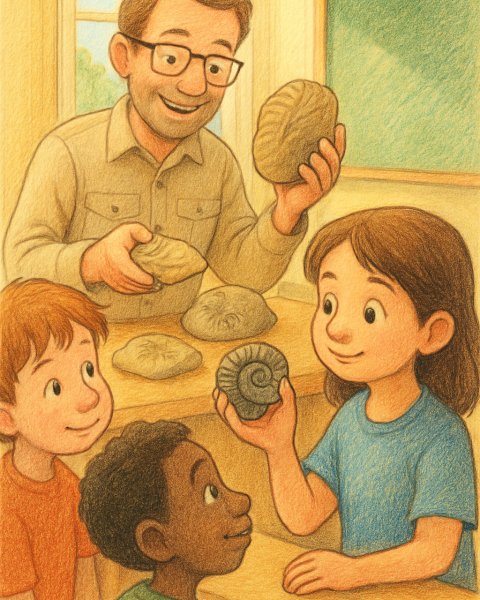 Illustration für Gute-Nacht-Geschichte: Die verborgene Welt der Fossilien